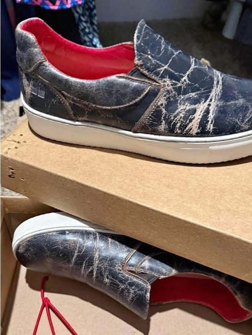 Bed Stu Black Distressed Slip-On Flats with Red Lining